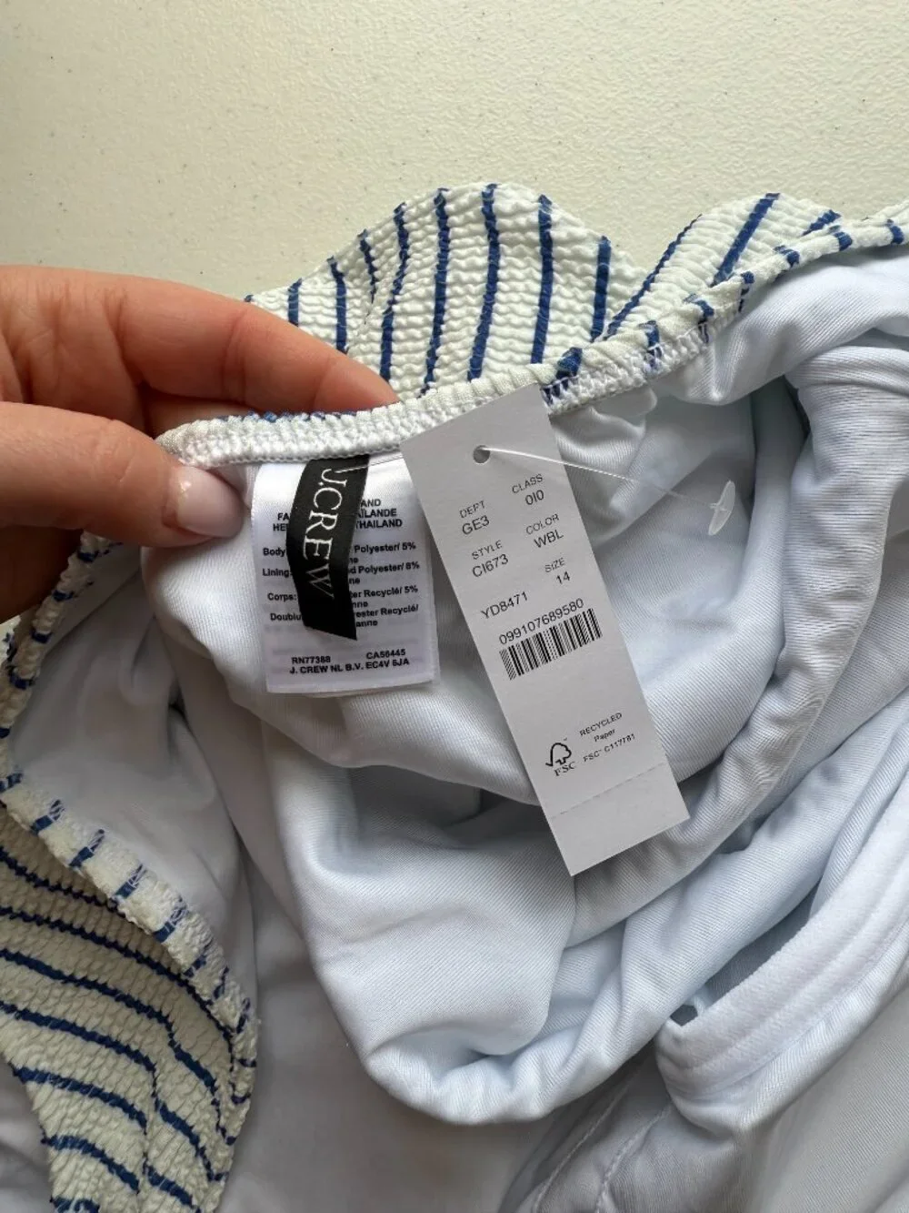 🏷 *NWT* J.Crew Scrunchie One Piece Swimsuit White Blue Stripe Size 14 🌊